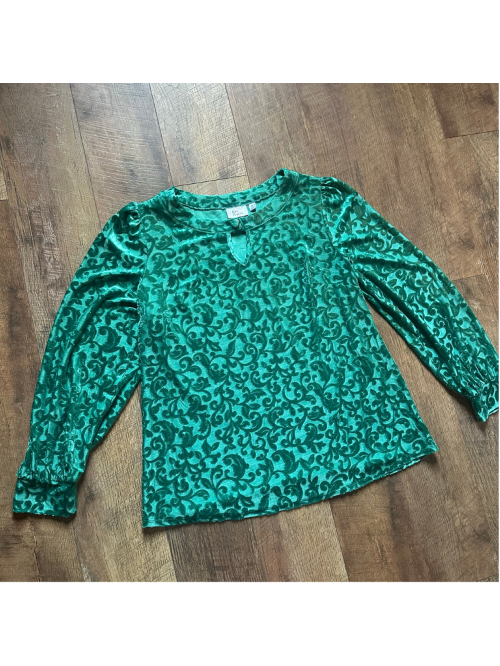 Women's Kim Rogers Green Velvet Floral Blouse Size M F26 - Picture 2 of 14